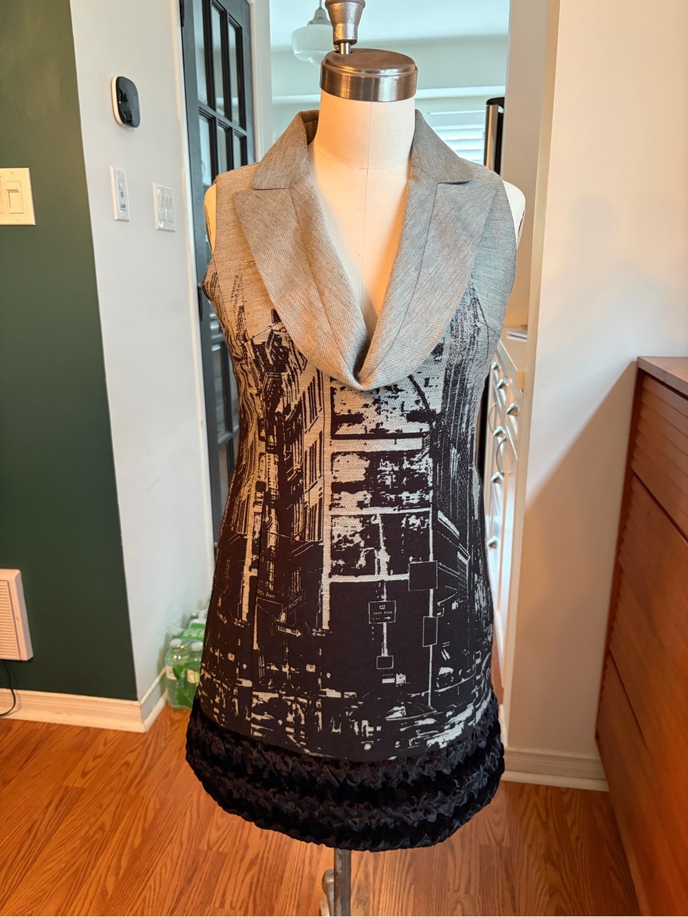 Sleeveless Urban Print Cowl Neck Dress in Gray and Black